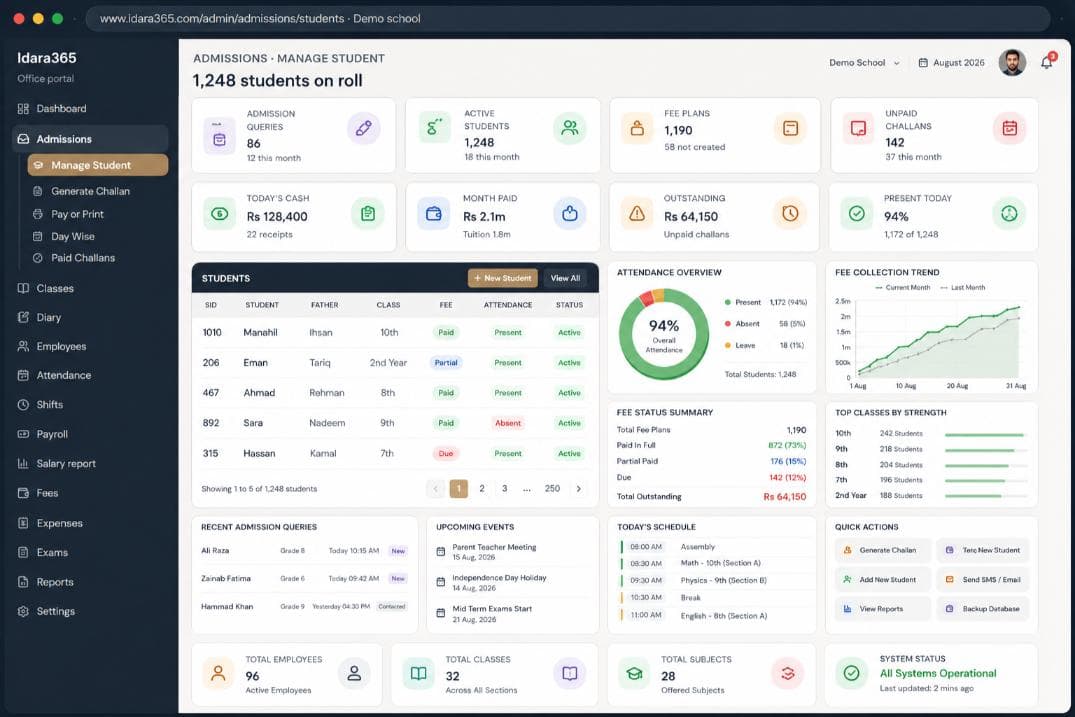 Idara365 school management system dashboard: admissions, student records, fee challans and attendance